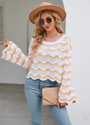 Round Neck Openwork Flare Sleeve Knit Top - MimiStylez