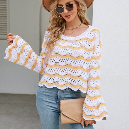 Round Neck Openwork Flare Sleeve Knit Top - MimiStylez