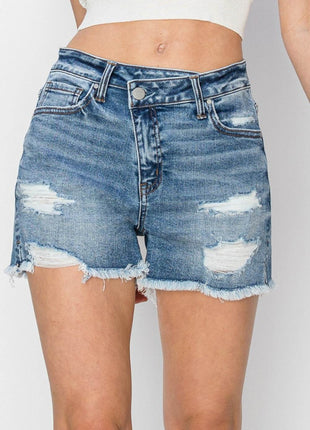 RISEN Stepped Waist Frayed Denim Shorts - MimiStylez