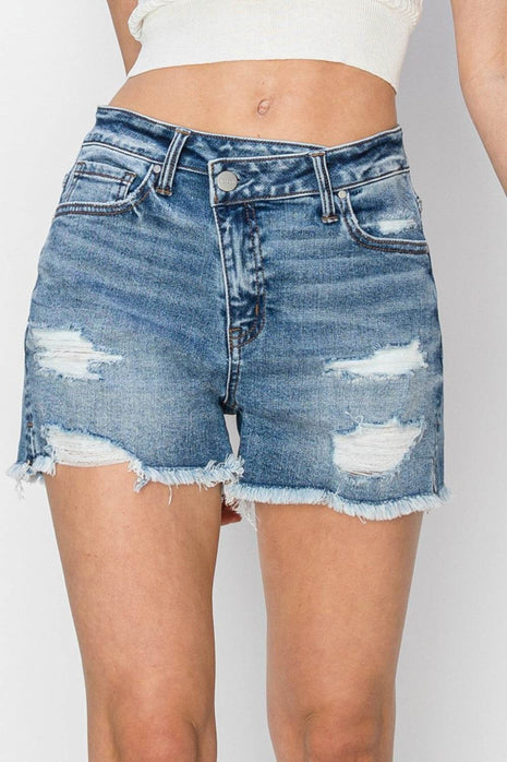 RISEN Stepped Waist Frayed Denim Shorts - MimiStylez