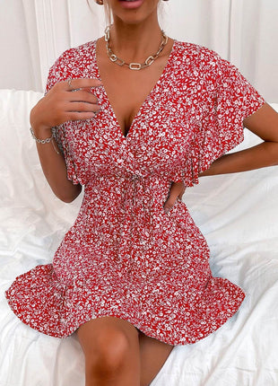 Cutout Ditsy Floral Surplice Flounce Sleeve Dress - MimiStylez