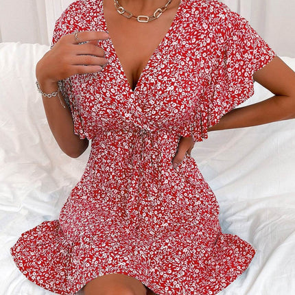 Cutout Ditsy Floral Surplice Flounce Sleeve Dress - MimiStylez