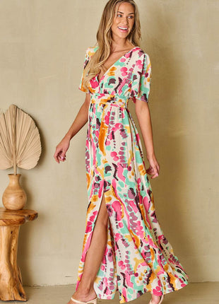Slit Printed Surplice Short Sleeve Maxi Dress - MimiStylez