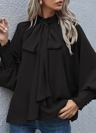 Tie Neck Lantern Sleeve Blouse - MimiStylez