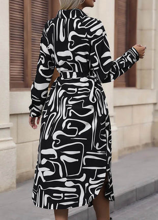 Perfee Printed Tie Front Collared Neck Slit Shirt Dress - MimiStylez