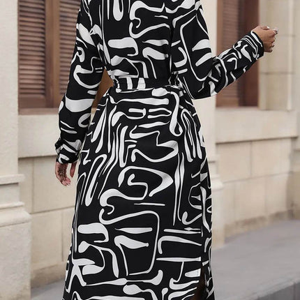 Perfee Printed Tie Front Collared Neck Slit Shirt Dress - MimiStylez