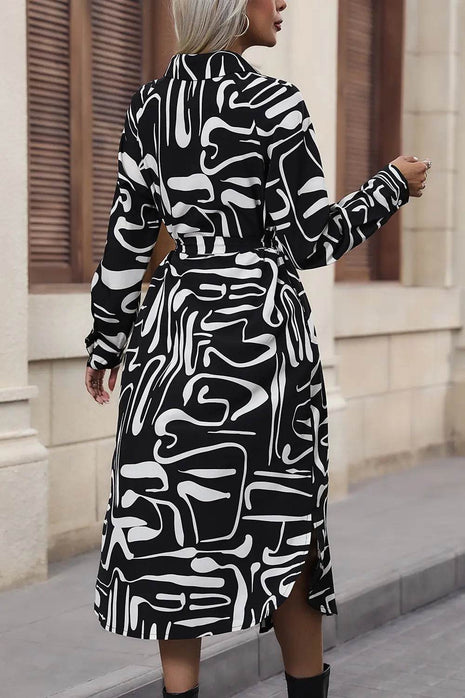 Perfee Printed Tie Front Collared Neck Slit Shirt Dress - MimiStylez
