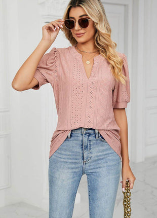 Eyelet Short Puff Sleeve Notched Neck Top - MimiStylez