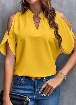 Notched Cold Shoulder Half Sleeve Blouse - MimiStylez