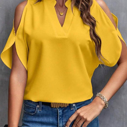 Notched Cold Shoulder Half Sleeve Blouse - MimiStylez