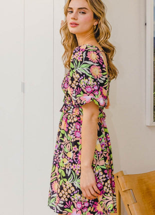 ODDI Full Size Floral Tie-Back Mini Dress - MimiStylez