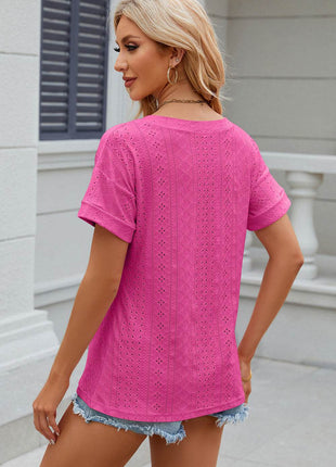 Eyelet V-Neck Short Sleeve T-Shirt - MimiStylez