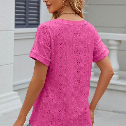 Eyelet V-Neck Short Sleeve T-Shirt - MimiStylez