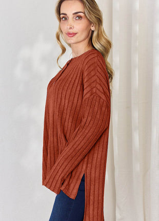 Basic Bae Full Size Ribbed Half Button Long Sleeve High-Low T-Shirt - MimiStylez