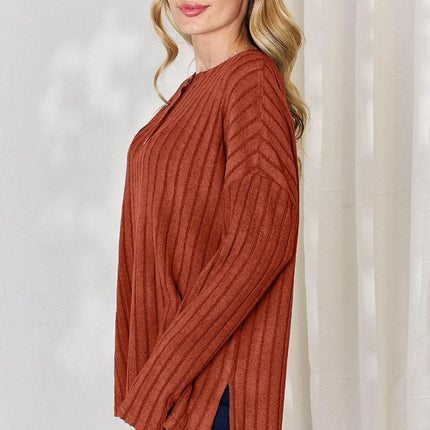 Basic Bae Full Size Ribbed Half Button Long Sleeve High-Low T-Shirt - MimiStylez