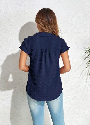 Swiss Dot Button Up Cap Sleeve Shirt - MimiStylez