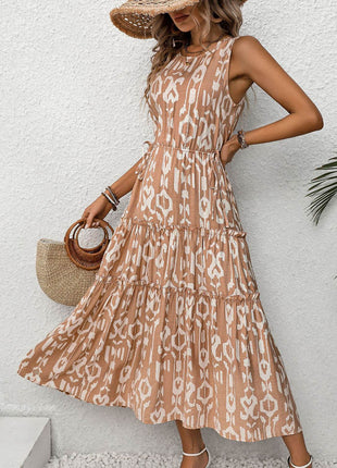 Frill Cutout Printed Round Neck Sleeveless Dress - MimiStylez