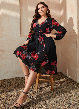 Plus Size Floral Surplice Neck Tie Waist Dress - MimiStylez
