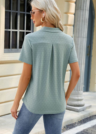 Pocketed Johnny Collar Short Sleeve Blouse - MimiStylez