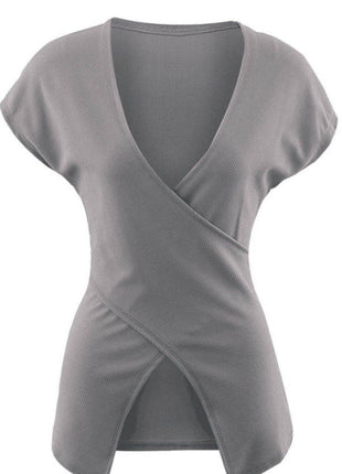 Ribbed Surplice Neck Slit Top - MimiStylez