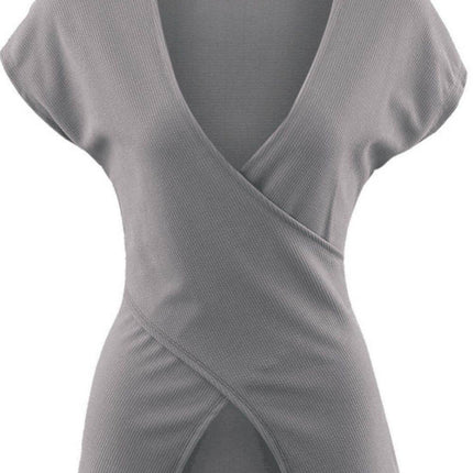 Ribbed Surplice Neck Slit Top - MimiStylez