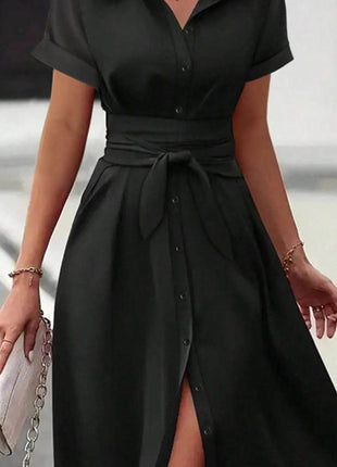 Button Down Belted Midi Shirt Dress - MimiStylez