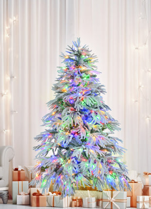 6FT Pre-Lit Spruce Snow Flocked Christmas Tree, Hinged Xmas Tree With 300 Multi-Color LED Lights, 8 Flashing Modes & 790 Snow Branch Tips