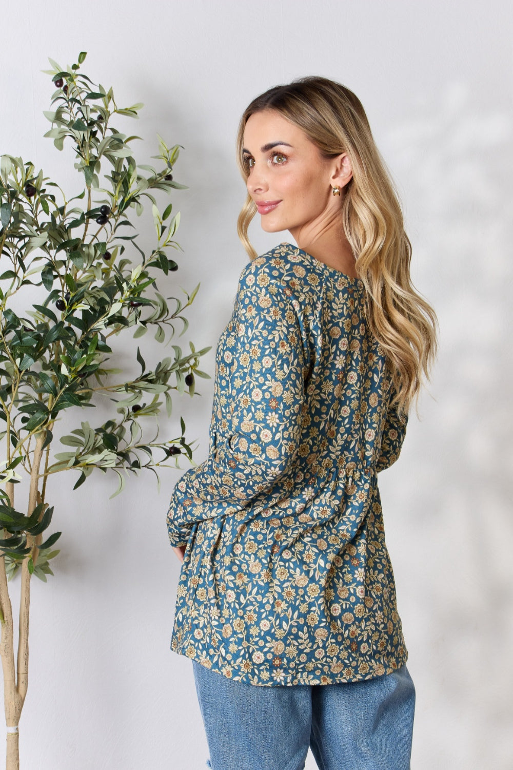 Heimish Full Size Floral Half Button Long Sleeve Blouse