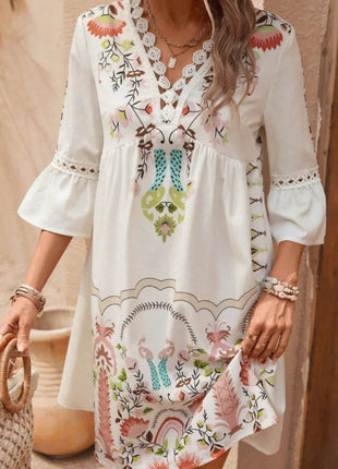 Lace Detail Printed Three-Quarter Sleeve Dress - MimiStylez
