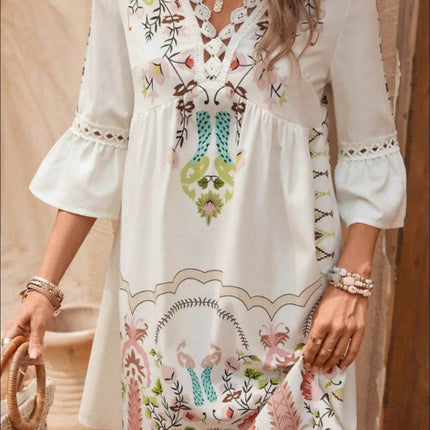 Lace Detail Printed Three-Quarter Sleeve Dress - MimiStylez
