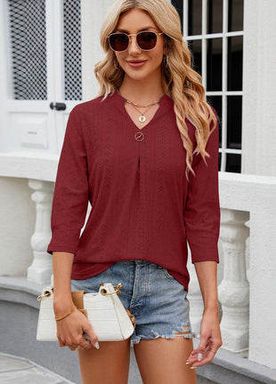 Eyelet Notched Knit Jacquard Top - MimiStylez