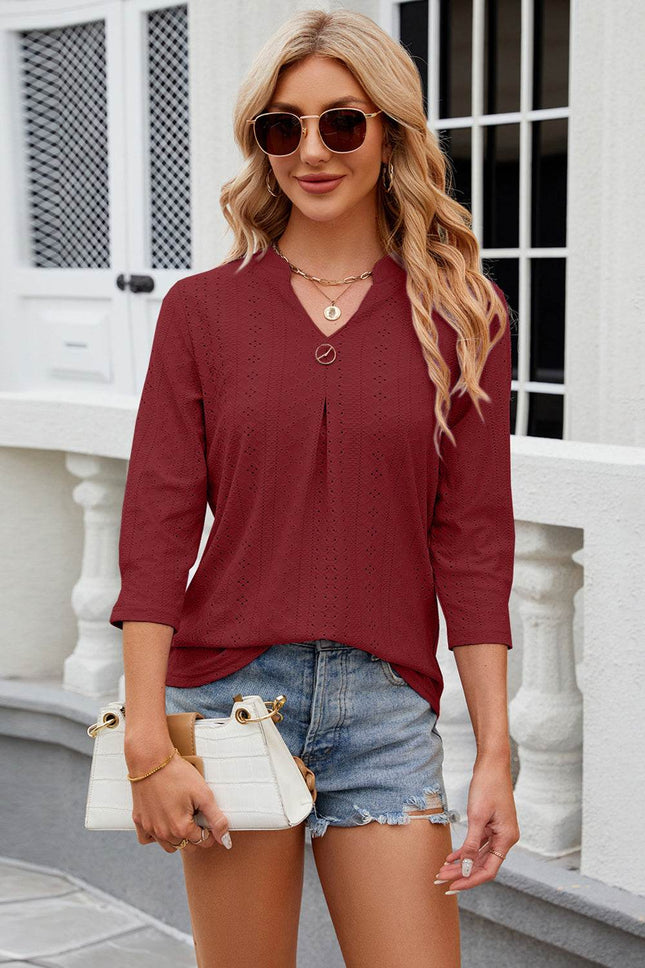 Eyelet Notched Knit Jacquard Top - MimiStylez