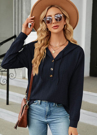 Drawstring Half Button Long Sleeve Hoodie - MimiStylez