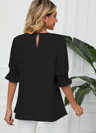 Pleated Flounce Sleeve Keyhole Blouse - MimiStylez