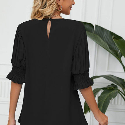 Pleated Flounce Sleeve Keyhole Blouse - MimiStylez