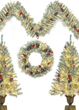 4PC Pre-lit Xmas Tree Artificial Christmas Set - Includes Garland, Wreath And Set Of 2 Entrance Trees