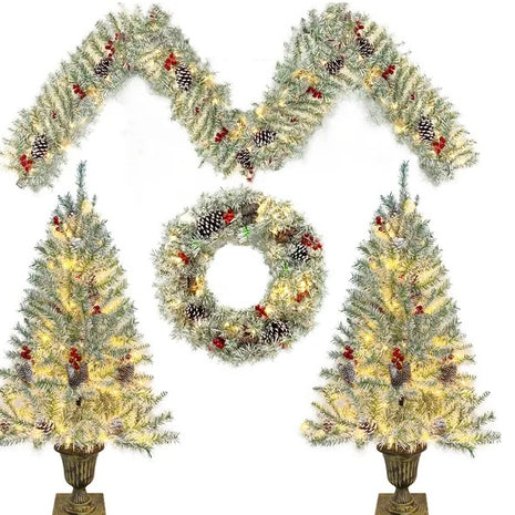 4PC Pre-lit Xmas Tree Artificial Christmas Set - Includes Garland, Wreath And Set Of 2 Entrance Trees