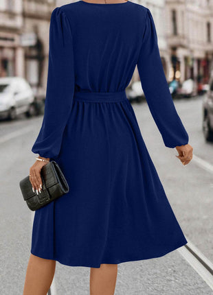 Tie Waist Notched Neck Long Sleeve Dress - MimiStylez