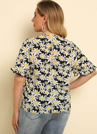 Plus Size Floral Round Neck Tie Hem Blouse - MimiStylez