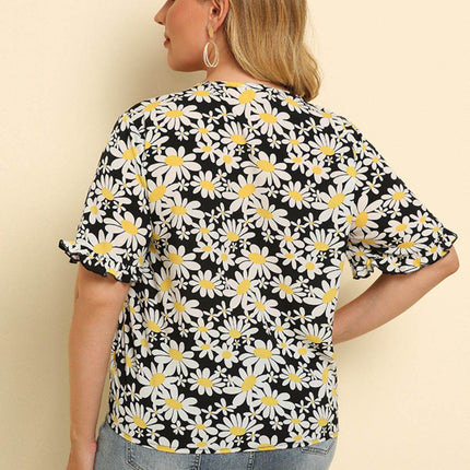 Plus Size Floral Round Neck Tie Hem Blouse - MimiStylez