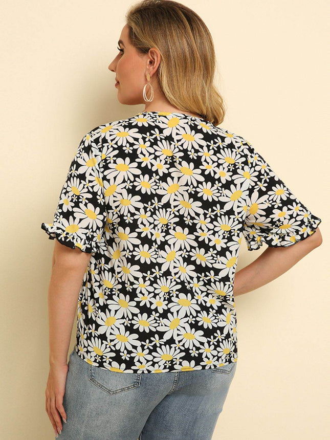 Plus Size Floral Round Neck Tie Hem Blouse - MimiStylez