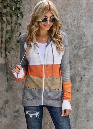 Zip-Up Raglan Sleeve Openwork Hooded Cardigan - MimiStylez