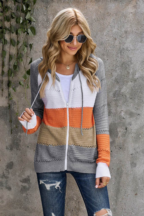 Zip-Up Raglan Sleeve Openwork Hooded Cardigan - MimiStylez