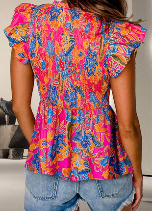 Smocked Printed V-Neck Cap Sleeve Blouse - MimiStylez