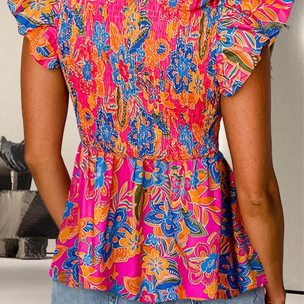 Smocked Printed V-Neck Cap Sleeve Blouse - MimiStylez
