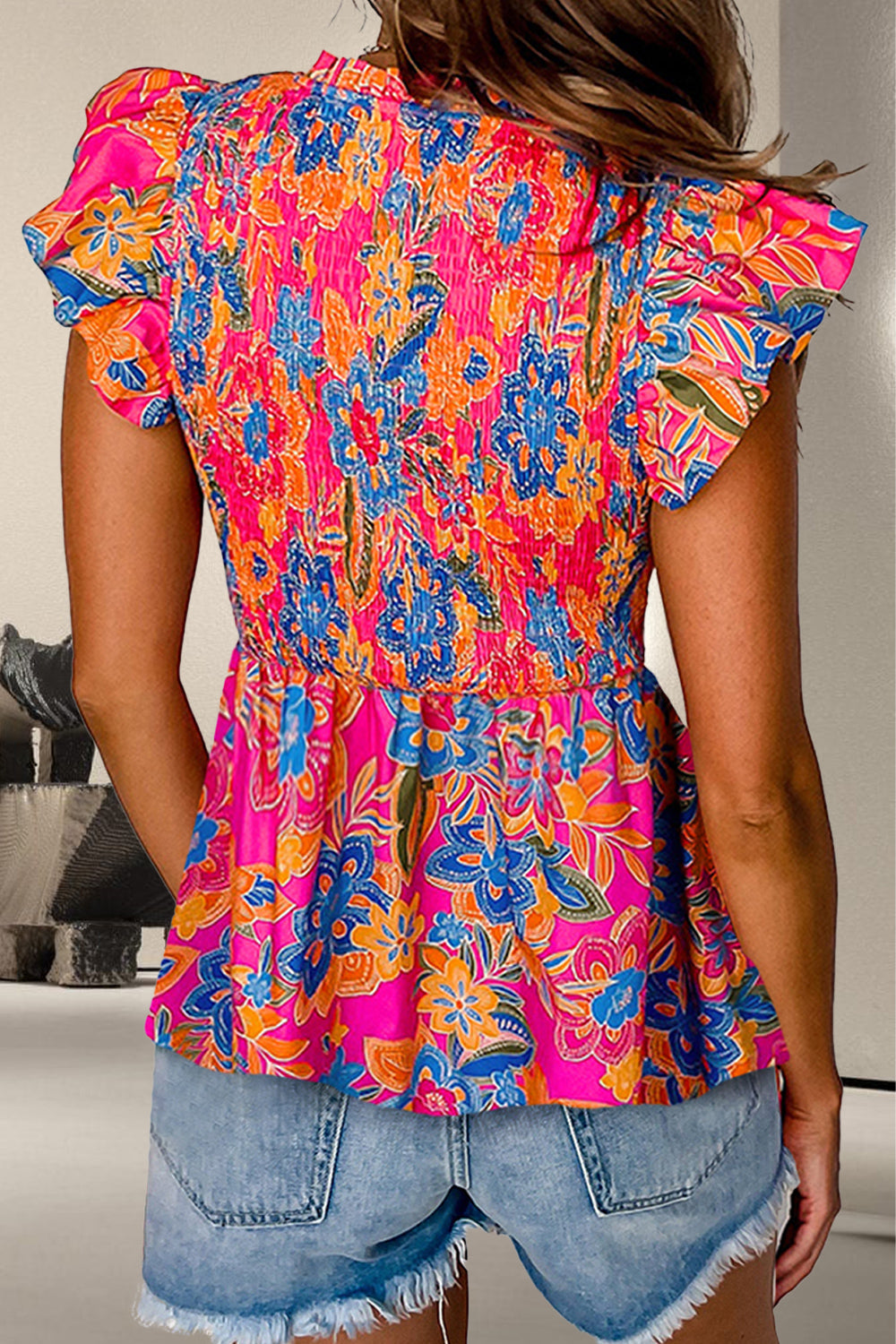 Blusa con manga japonesa y cuello en V con estampado ahumado