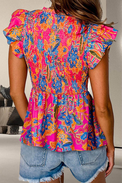 Smocked Printed V-Neck Cap Sleeve Blouse - MimiStylez
