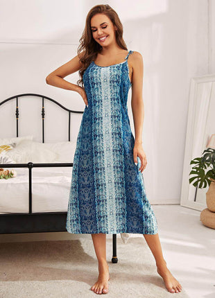 Printed Tie Shoulder Midi Night Dress - MimiStylez