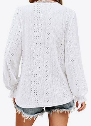 Eyelet V-Neck Flounce Sleeve Blouse - MimiStylez