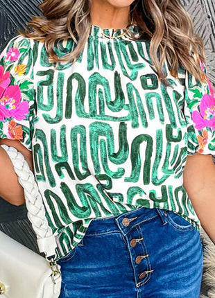 Embroidered Printed Mock Neck Short Sleeve Blouse - MimiStylez